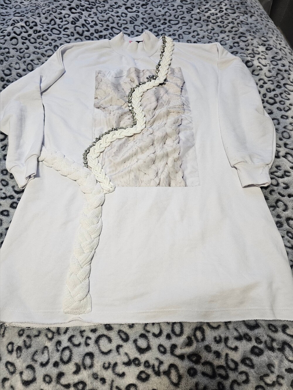 Cream White Braided Detail Graphic Tunic Sweatshirt